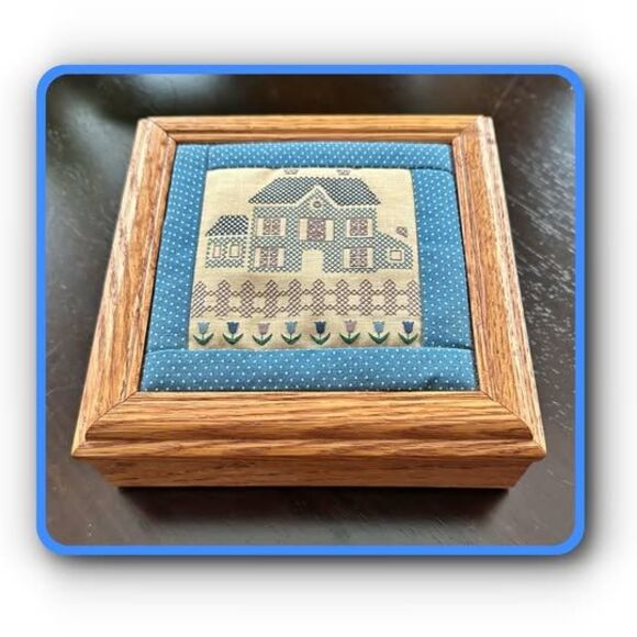 Cross Stitch Trinket Box Golden Oak Wood Home w/ Fence & Flowers 7 x 7 Square - Picture 2 of 4